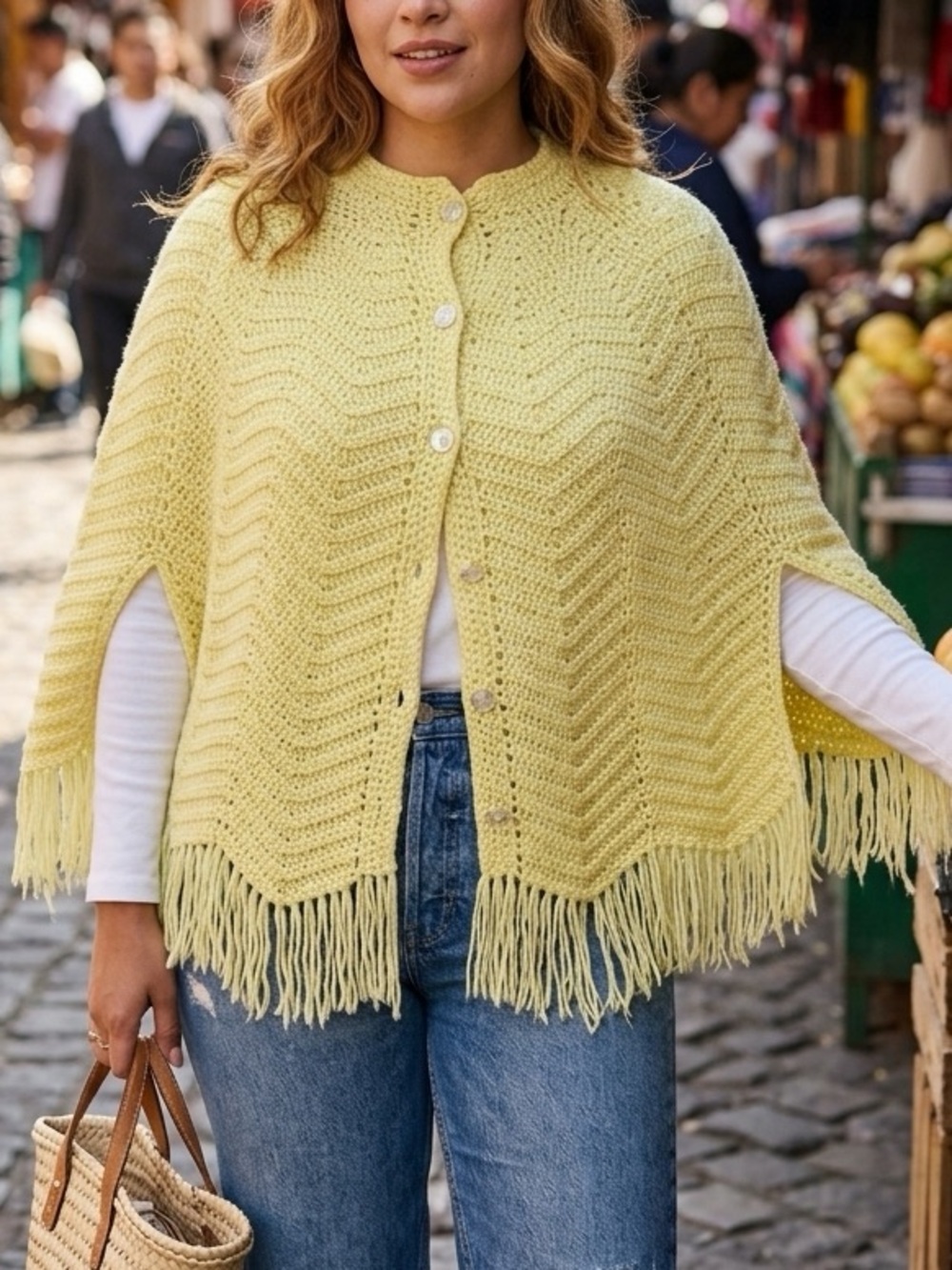 HAND KNIT Vintage Fronged Cape in Soft Yellow